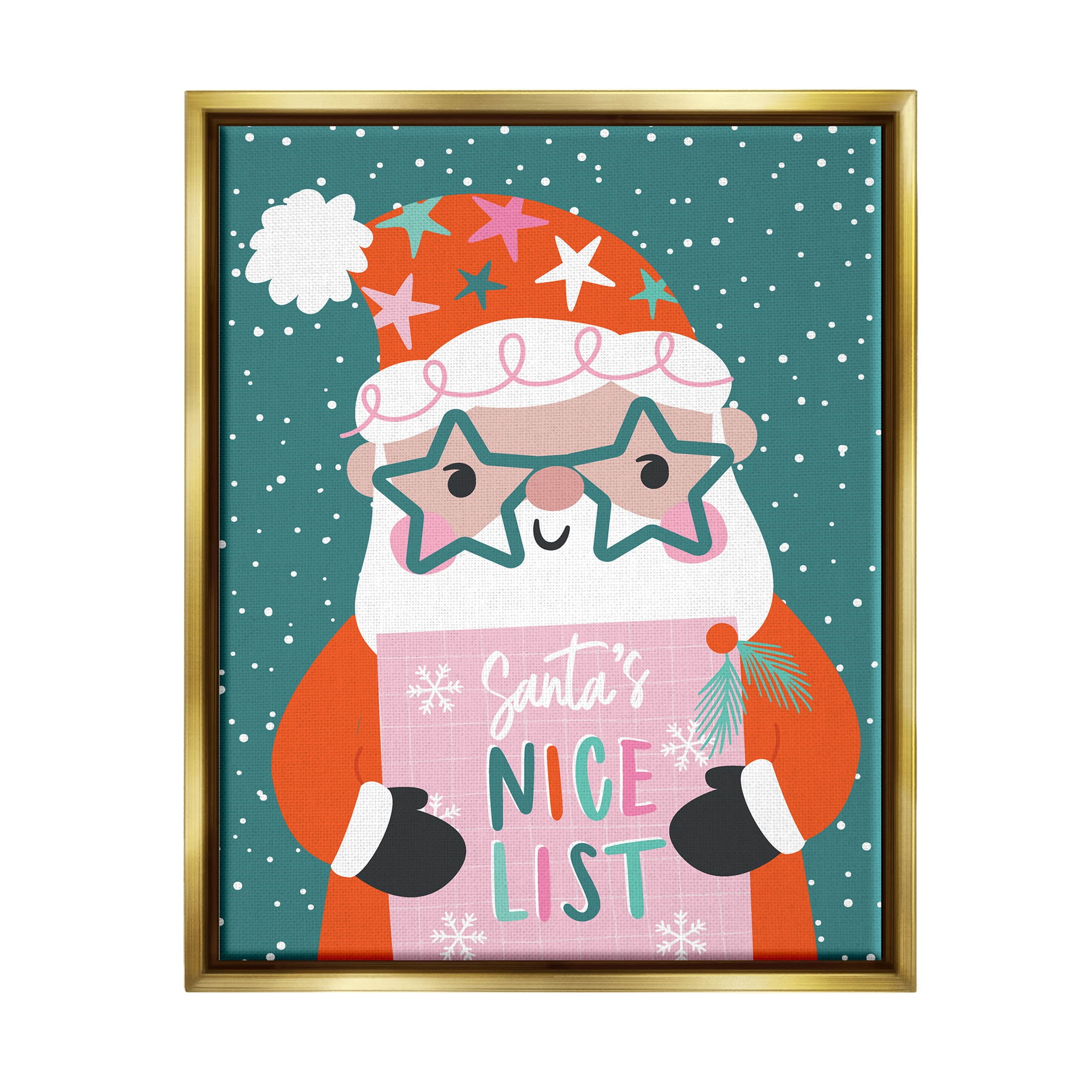Santa's Nice List Falling Snow Holiday Graphic Art Metallic Gold Framed Art Print Wall Art