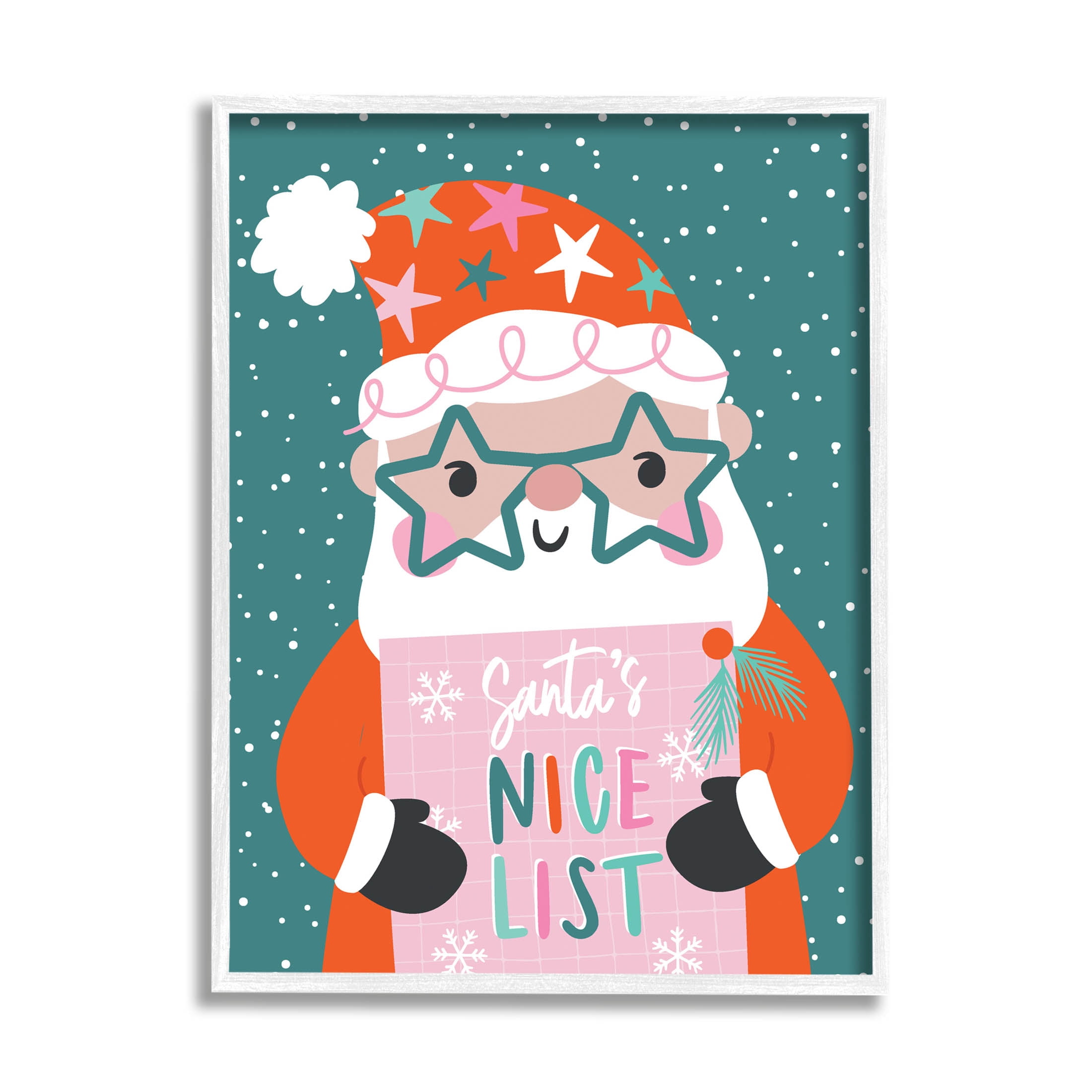 Santa's Nice List Falling Snow Holiday Graphic Art White Framed Art Print Wall Art