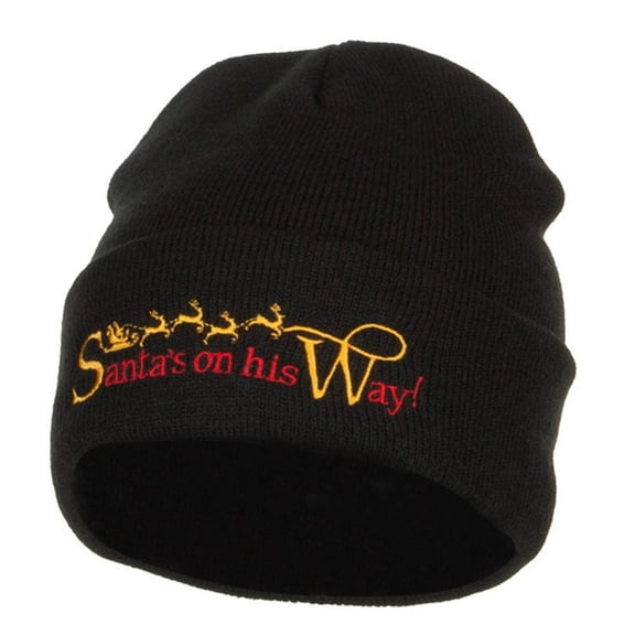Santa's On His Way Embroidered Long Beanie - Black OSFM