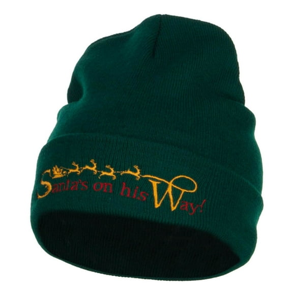 Santa's On His Way Embroidered Long Beanie - Dk Green OSFM