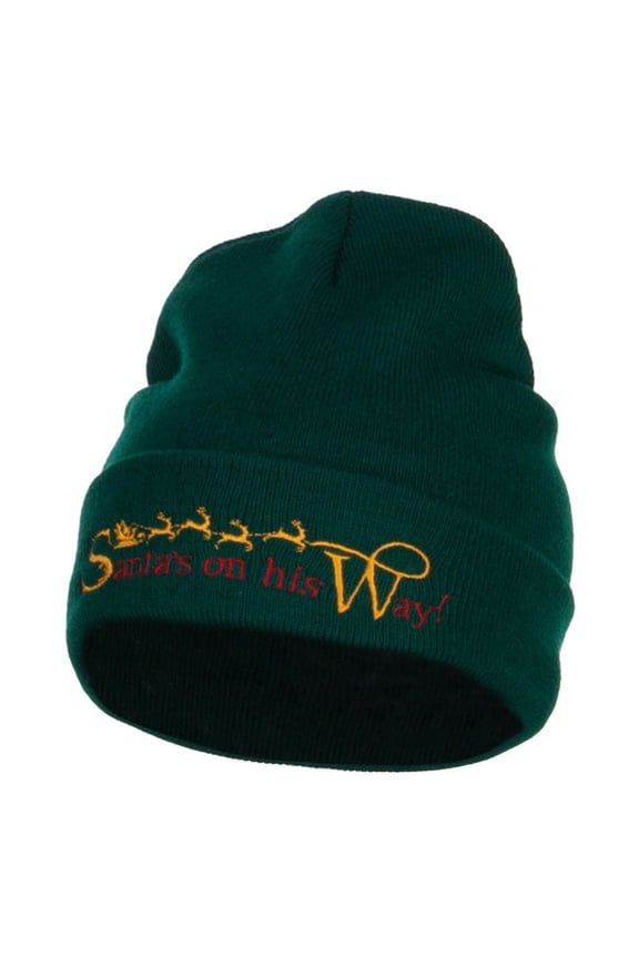Santa's On His Way Embroidered Long Beanie - Dk Green OSFM