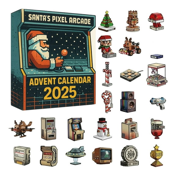 Santa’s Pixel Arcade Advent Calendar 2025, 24 Days Retro Gaming Christmas Countdown with Pixel Art Ornaments, 2D Xmas Tree Decorations Set for Gamers, Teens & Video Game Lovers Holiday Décor Gift