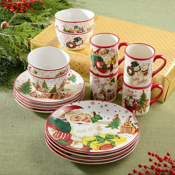 Santa's Retro Christmas 16-Piece Ceramic Assorted Colors Dinnerware Set (Service Set for 4)