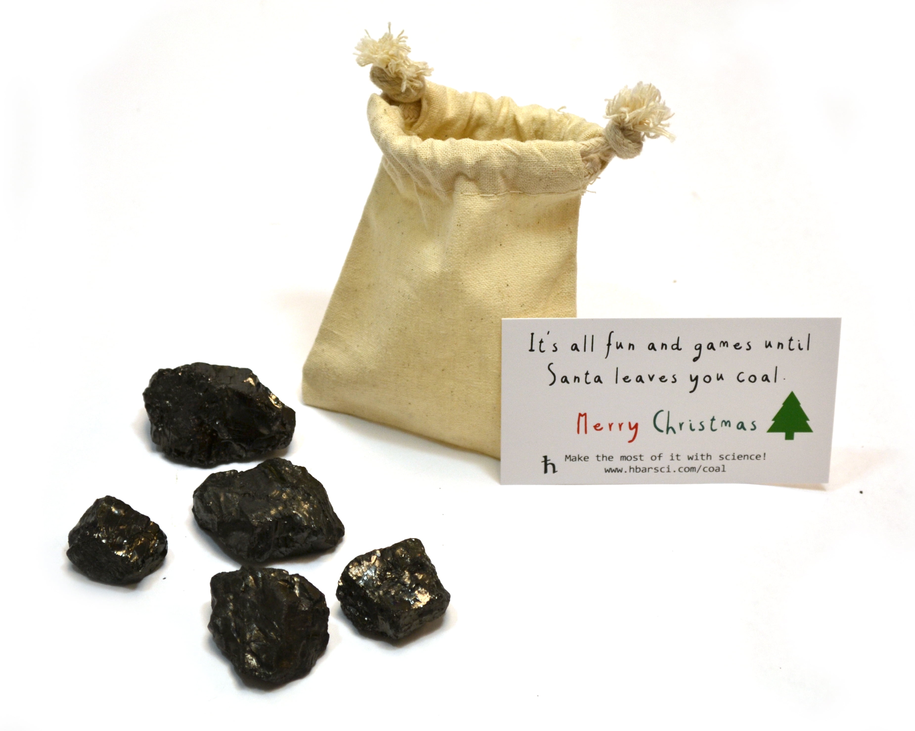 Santa's Scientific Christmas Coal, Premium Cotton Bag and 5 Small Lumps (1" x 1" x 1" approx. -- Medium Marble Sized) - Genuine American Coal - Includes Experiment