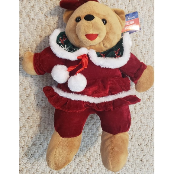 Santa's Secret Brown Bear Plush wearing Holiday Red Green Outfit Soft with Bows 14"