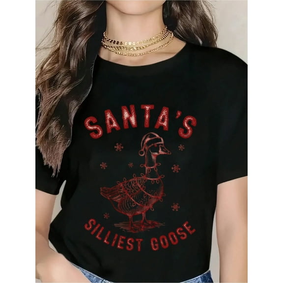 Santa's Silliest Goose Christmas T-Shirt For Women - Funny Holiday Sweatshirt With Duck Design, Perfect For Christmas Party, Xmas Gift, Festive Season Wear