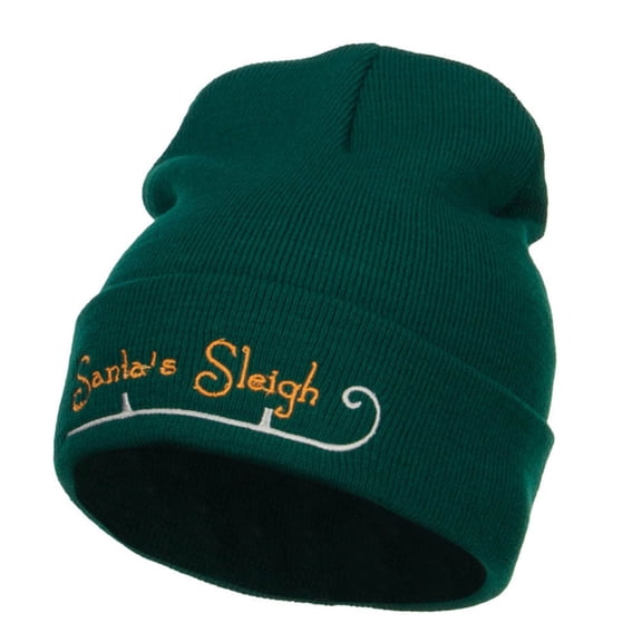 Santa's Sleigh Embroidered Long Beanie - Dk Green OSFM