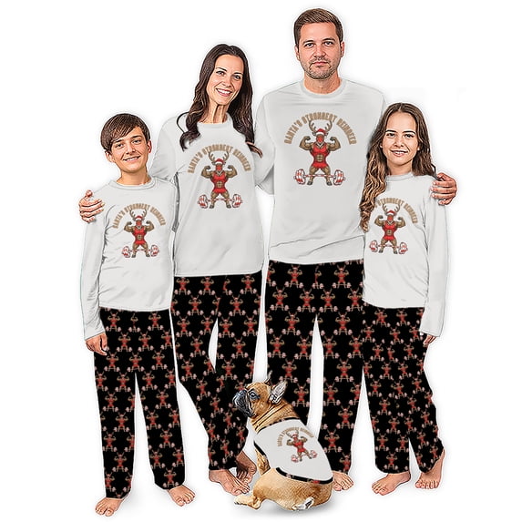 Santa’s Strongest Reindeer Matching Family Christmas Pajamas With Dog, Weightlifting Reindeer Holiday PJs, Plus Sizes, With Pockets