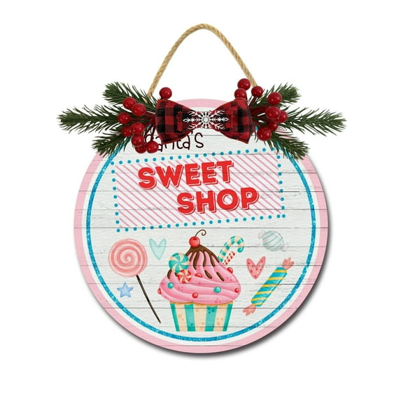 Santa's Sweet Shop Sign Front for Door Decoration, 12 in Round Wood Wreaths Wall Hanging Outdoor, Farmhouse, Porch, for Spring Summer Fall All Seasons Holiday Christmas