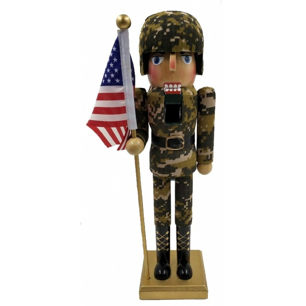 Handcrafted 14" Army Nutcracker with American Flag