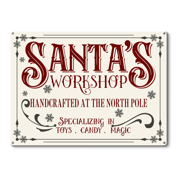 Santa's Workshop Christmas Metal Sign, Holiday Home Decor, Festive Workshop Wall Art, Size 8x12