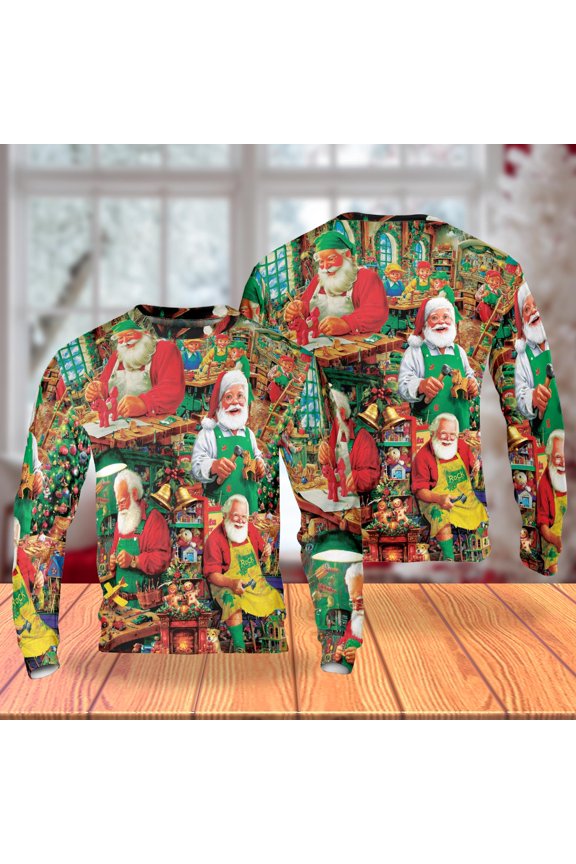 Santa’s Workshop Christmas Sweatshirt, Vintage Holiday Santa Crewneck, Toy Maker Santa with Elves and Gifts Pullover for Men Women