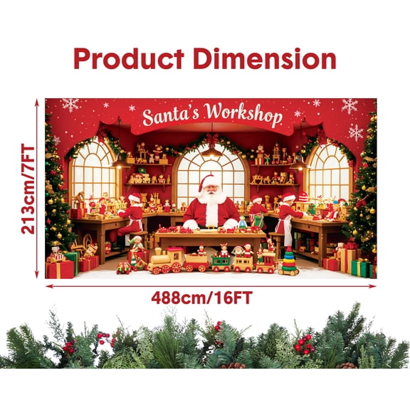 Santa's Workshop Garage Door Cover – 7x16Ft Christmas Holiday Decor with 4x6m Ribbon Strings, Santa & Elves Scene, Durable & Fade-Resistant for Home, Church, Party Decorations