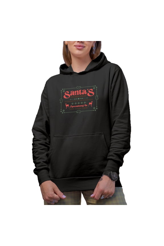Santa's Workshop, Handcrafted at the North Pole, Christmas Shop Sign Merch Gift, Black Hooded Sweatshirt or Hoodie, Small