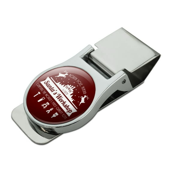 Santa's Workshop Logo Christmas Toys North Pole Alaska Satin Chrome Plated Metal Money Clip