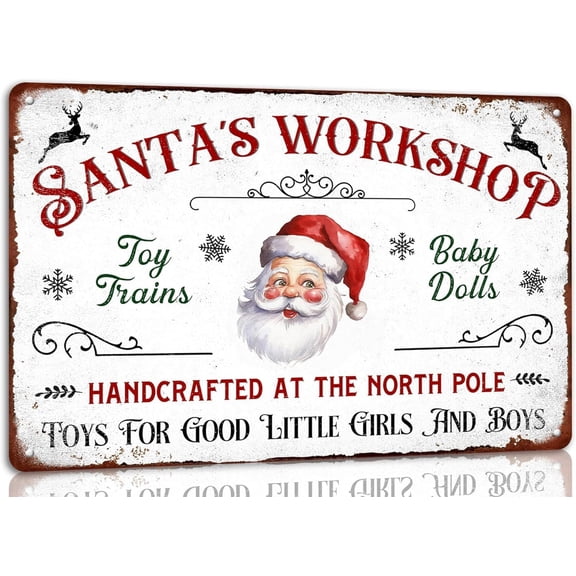 Santa's-Workshop Retro Christmas Metal Tin Sign for Kitchen Cafe Bar Home Farmhouse Winter Decor Vintage Wall Art Christmas Decoration 8x12 inches