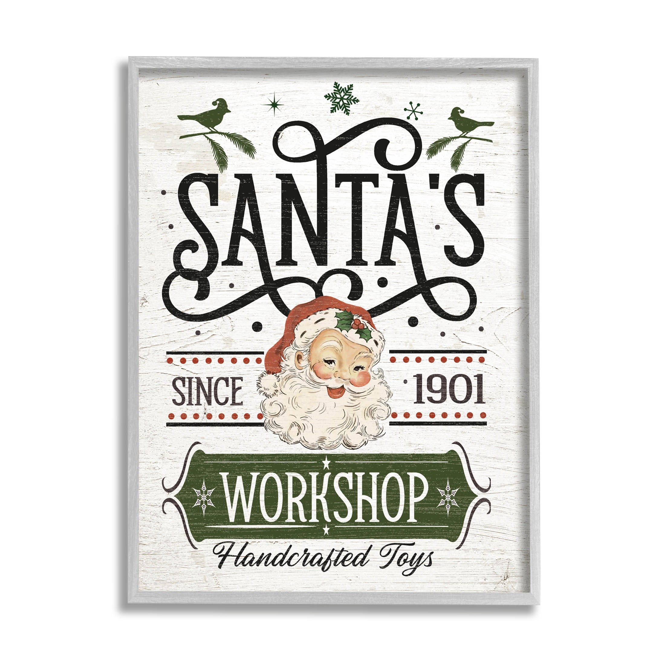 Santa's Workshop Toys Vintage Signage Holiday Graphic Art Gray Framed Art Print Wall Art