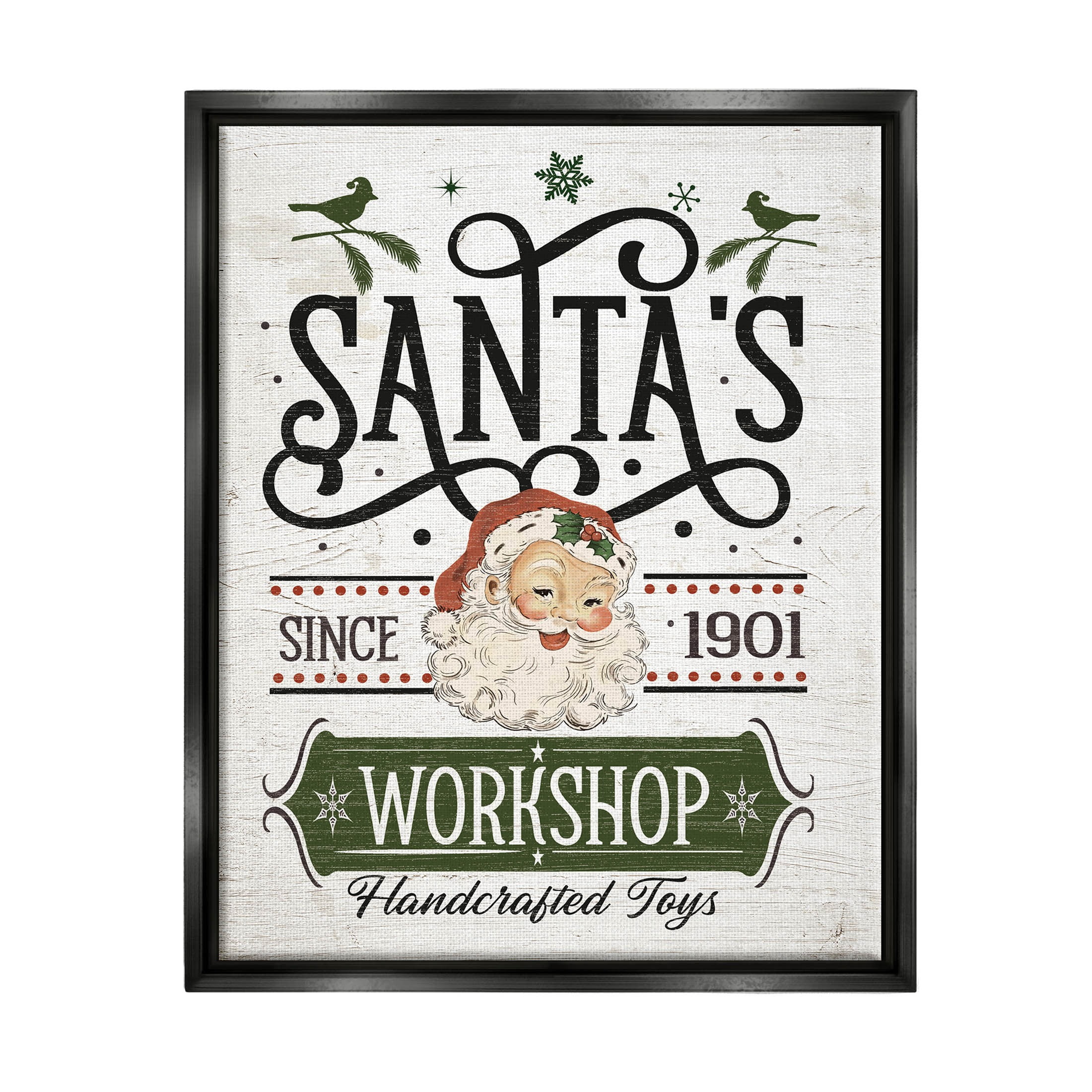 Santa's Workshop Toys Vintage Signage Holiday Graphic Art Jet Black Framed Art Print Wall Art