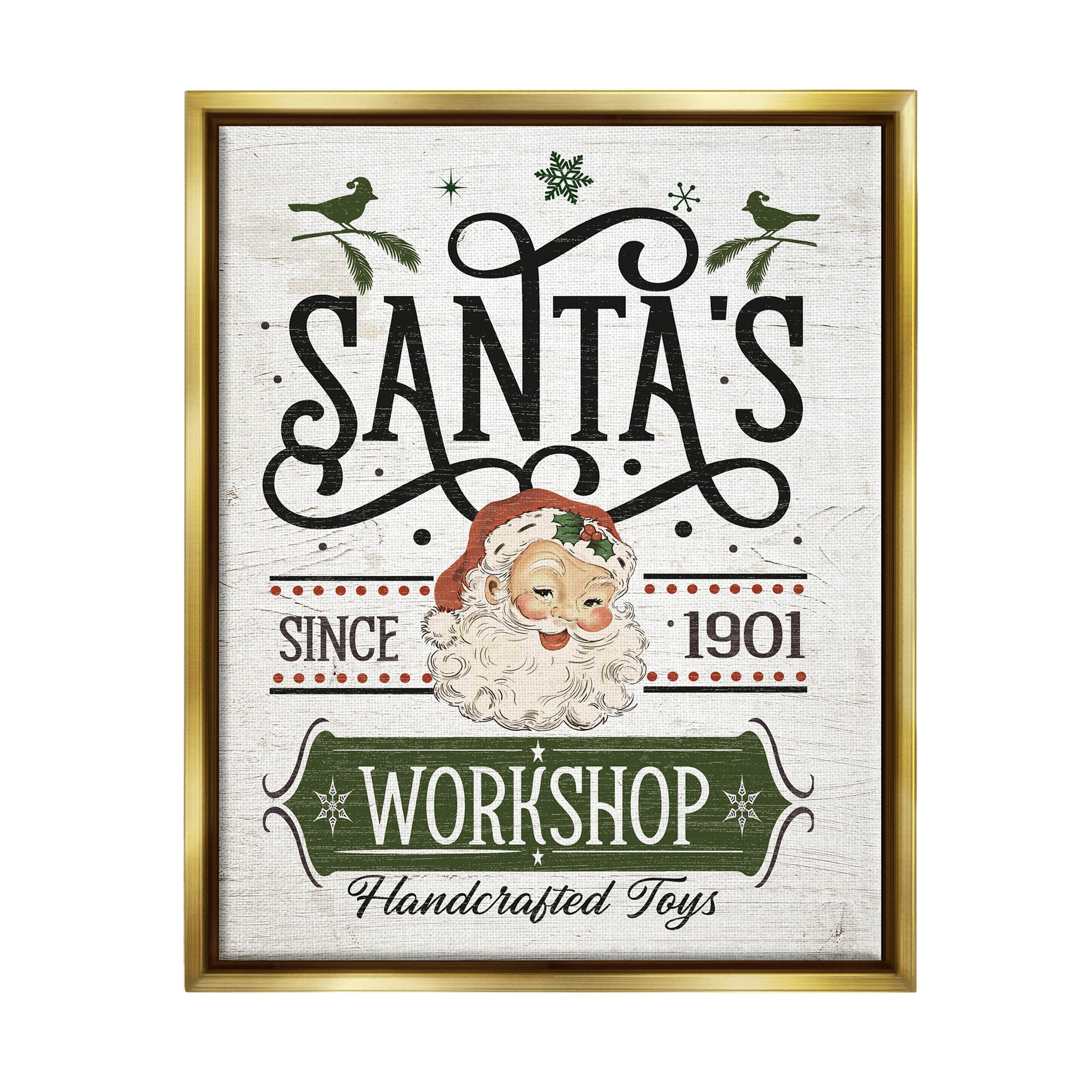 Santa's Workshop Toys Vintage Signage Holiday Graphic Art Metallic Gold Framed Art Print Wall Art