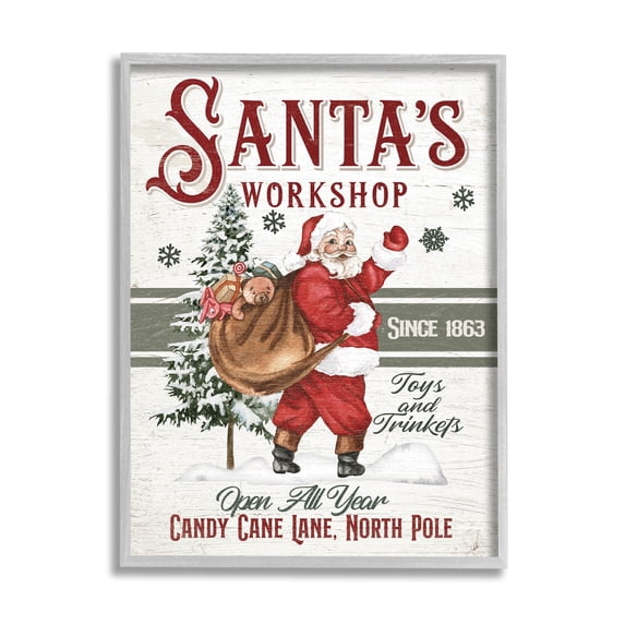 Santa's Workshop Weathered Vintage Sign Holiday Graphic Art Gray Framed Art Print Wall Art