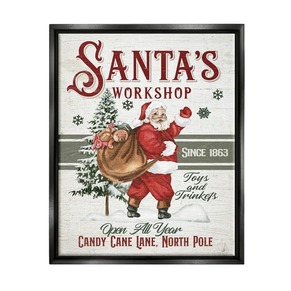 Santa's Workshop Weathered Vintage Sign Holiday Graphic Art Jet Black Framed Art Print Wall Art