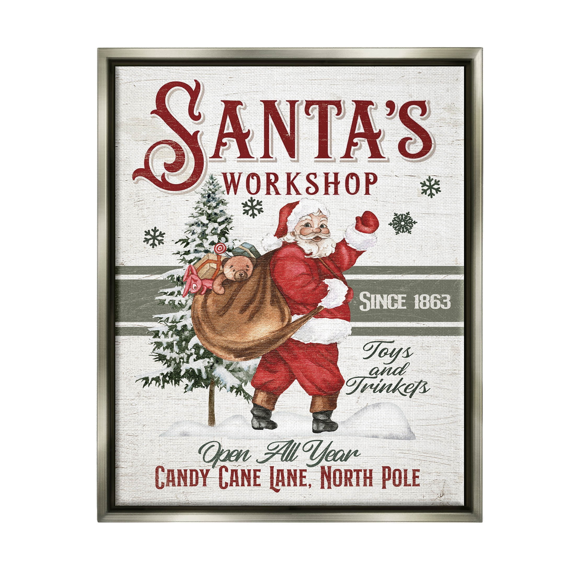 Santa's Workshop Weathered Vintage Sign Holiday Graphic Art Luster Gray Framed Art Print Wall Art