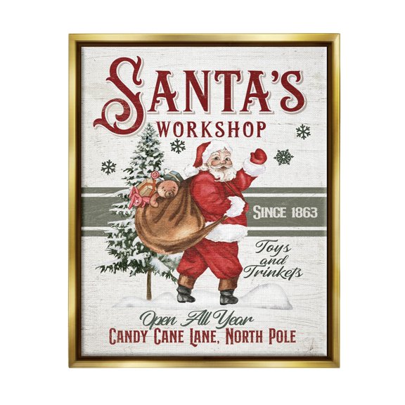Santa's Workshop Weathered Vintage Sign Holiday Graphic Art Metallic Gold Framed Art Print Wall Art