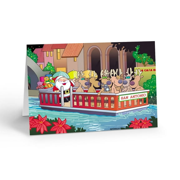 Santa's and Reindeer are Floating Down the River Walk Holiday Card - 12 Holiday