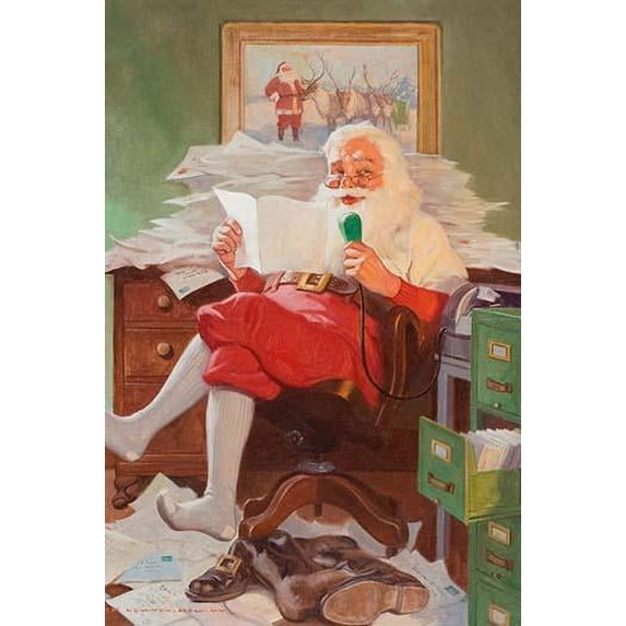 Santa sits at his desk and reads the Christmas letters and dictates his thoughts into a dictation machine. Poster Print by John Newton Howitt (24 x 36)