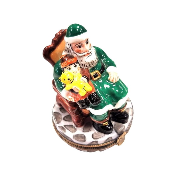 Santa Child Lap Green Coat Limoges Box | Limoges Boutique Limoges Box Porcelain Figurine