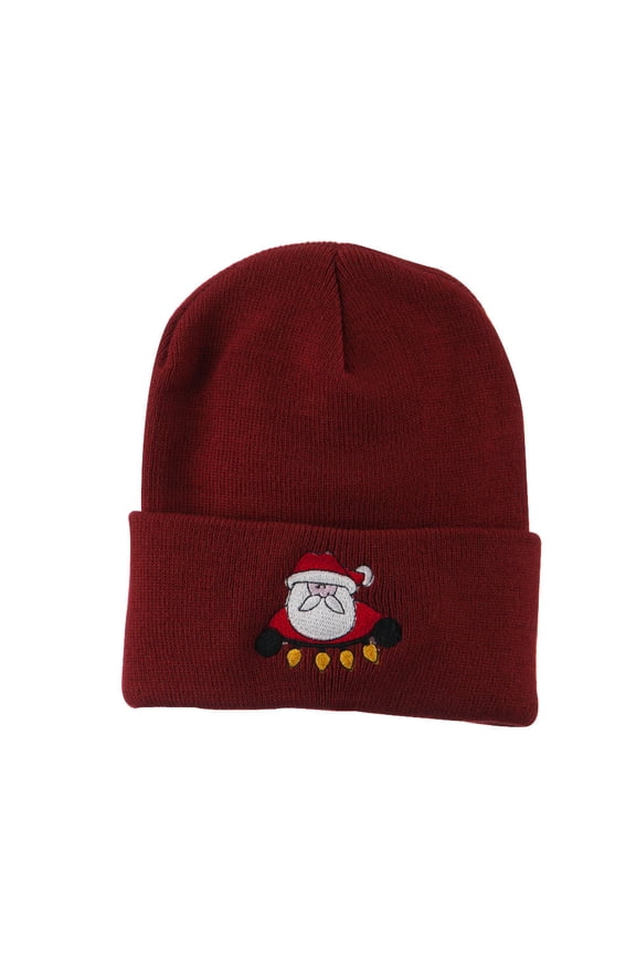 Santa with Christmas Lights Embroidered Beanie - Maroon OSFM