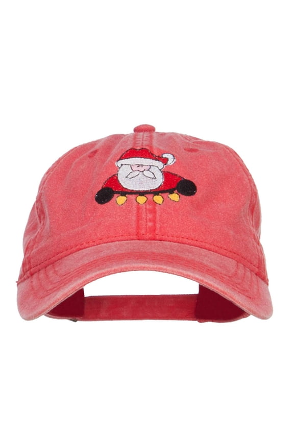 Santa with Christmas Lights Embroidered Washed Cap - Red OSFM