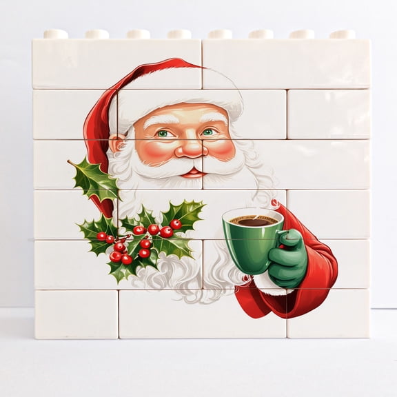 Santa with Coffee Printed Building Block Sign Christmas Decoration & Centerpieces for Table, Gift Ideas for Mom, Dad, & Significant Other