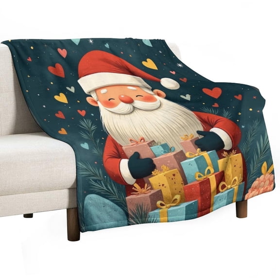 Santa with Gifts And Hearts Throws Blankets for Sofa Bed Winter Plush Warm Blanket Holiday Gifts