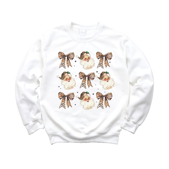 Santa with Leopard Print Hats and Coquette Bows Sweatshirts Christmas Pullover White Sweatshirt Youth Medium