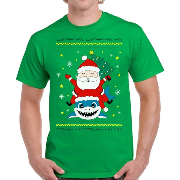 Santa with Shark Christmas Tree Men T-Shirt Xmas Print - S M L XL 2XL 3XL 4XL 5XL Xmas Graphic Tee - Christmas Gift Holiday Cotton T-Shirt for Men