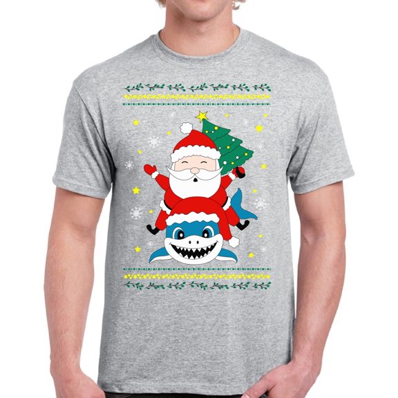 Santa with Shark Christmas Tree Men T-Shirt Xmas Print - S M L XL 2XL 3XL 4XL 5XL Xmas Graphic Tee - Christmas Gift Holiday Cotton T-Shirt for Men