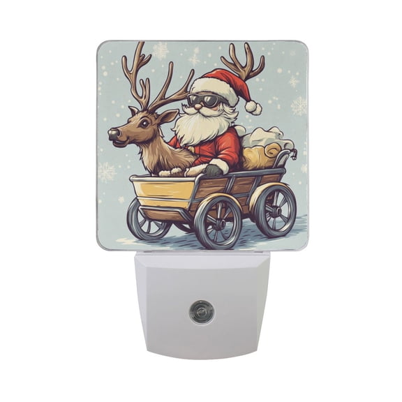 Santa with Sunglasses Ride Elk Cart LED Night Light with Smart Sensor Plug Into Wall Dusk to Dawn 2 packs
