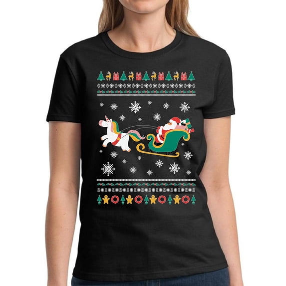 Santa with Unicorn Christmas Shirts for Women Merry Christmas - S M L XL 2XL 3XL Xmas Graphic Tee - Christmas Gift Holiday Xmas Tee T-Shirt Hers