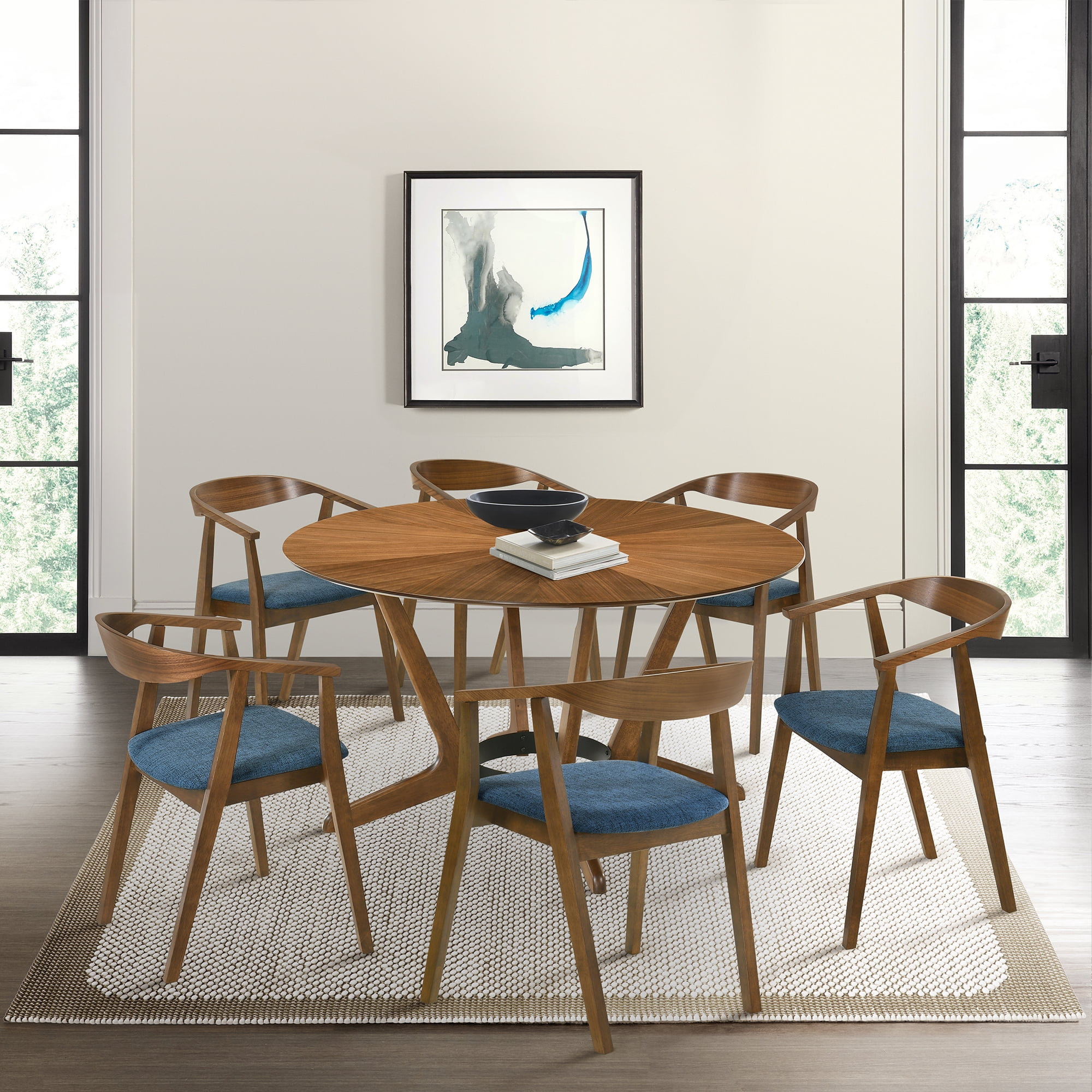 Santana Wood Dining Chair in Walnut Finish with Blue Fabric - Set of 6
