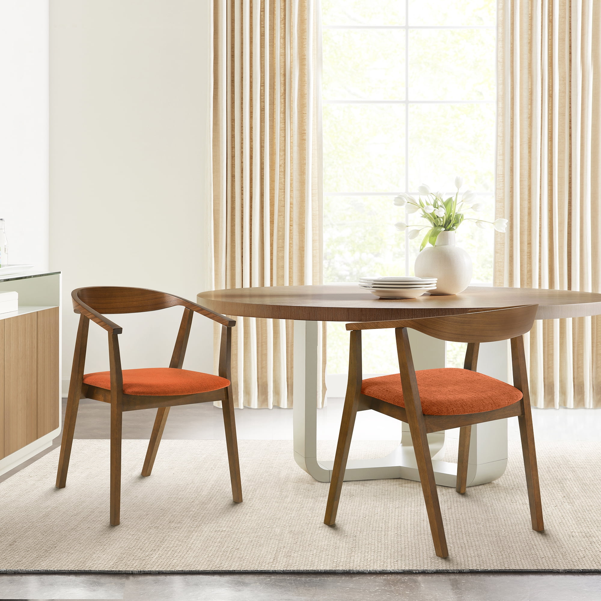 Santana Wood Dining Chair in Walnut Finish with Orange Fabric - Set of 6