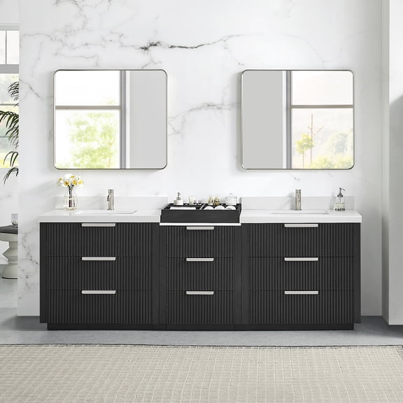 Santarem 96" Combine Double Vanity in Oak Weathered Black with Quartz Stone Top