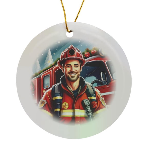 3drose, Santas Brigade Happy Male Fireman and Fire Engine for Christmas, Circle Porcelain Ornament