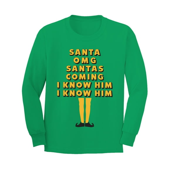 Santas Coming, OMG I Know Him Youth Long Sleeve T-shirt in Green