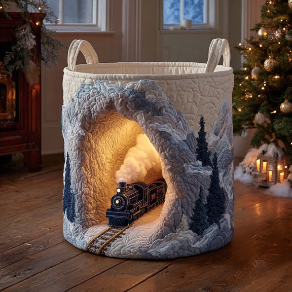 Santas Train Stop Quilted Laundry Basket, Clothes Hamper Storage Bag, Housewarming Gift Ideas, Gift For Mom