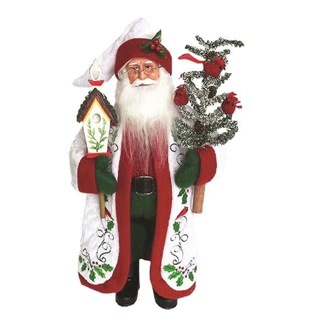 15" Red and White Resin Santa Figurine with Cardinals and Holly