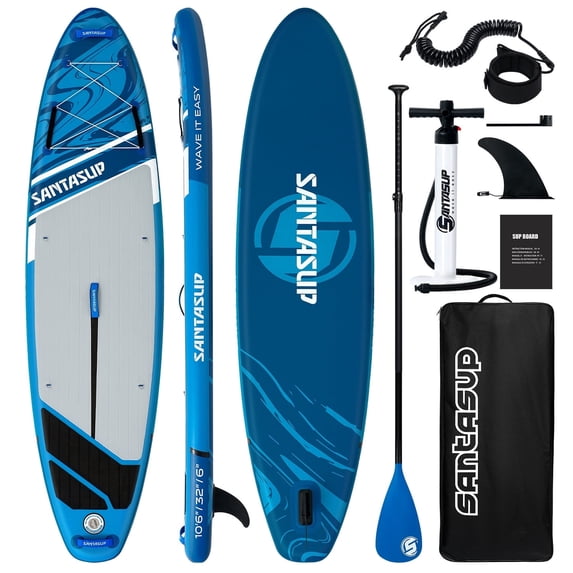Santasup Blow Up Paddle Board Blue Inflatable Paddle Board for Adults, 10ft Sup Board with Accessories, Non-Slip Deck, Travel Backpack Wide Stance