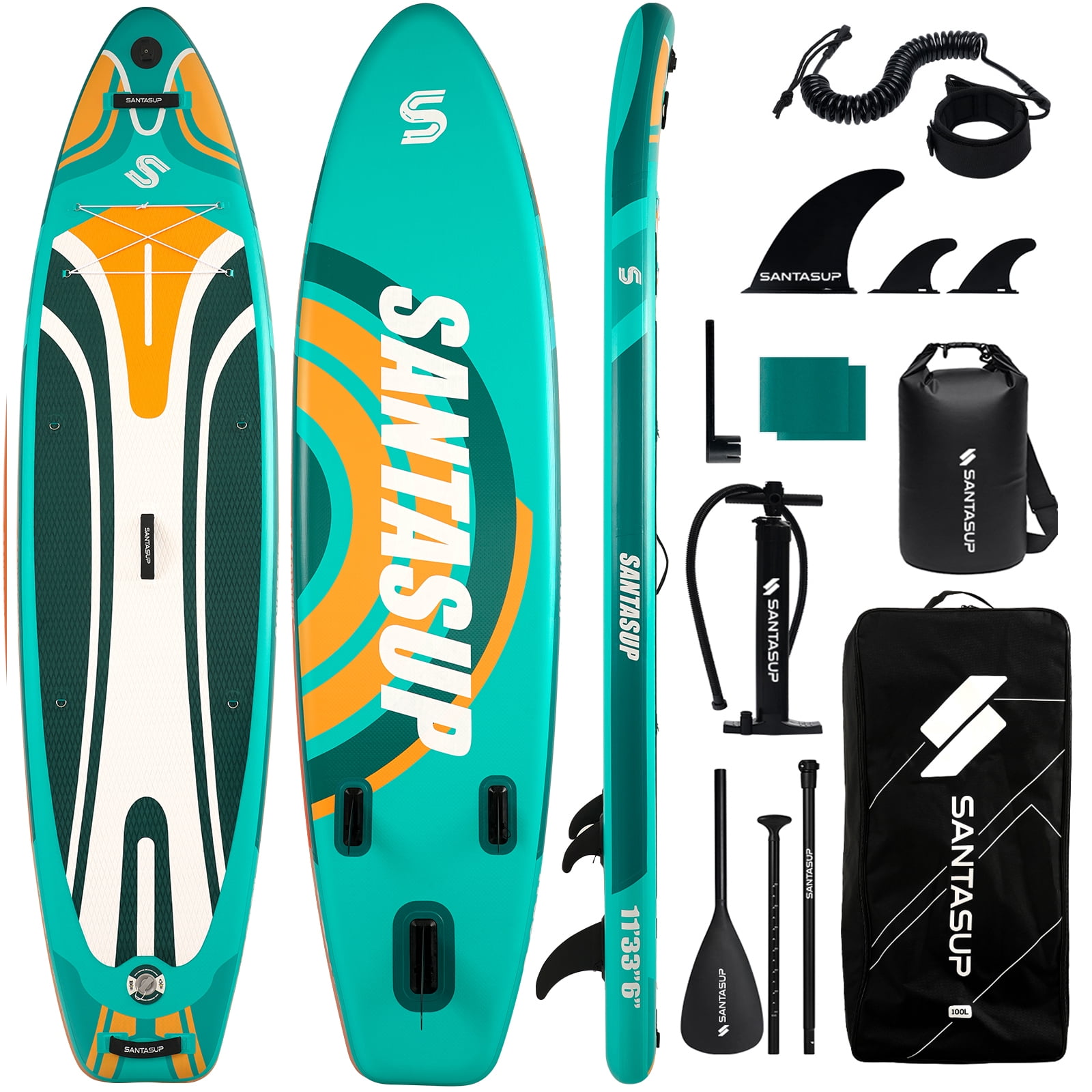 Santasup Inflatable Stand Up Paddle Board with SUP Accessories, Big Wide Anti-Slip EVA Deck, Waterproof Bag, Colorful Green 11' Sup Boards for Adults & Youth of All Skill Levels