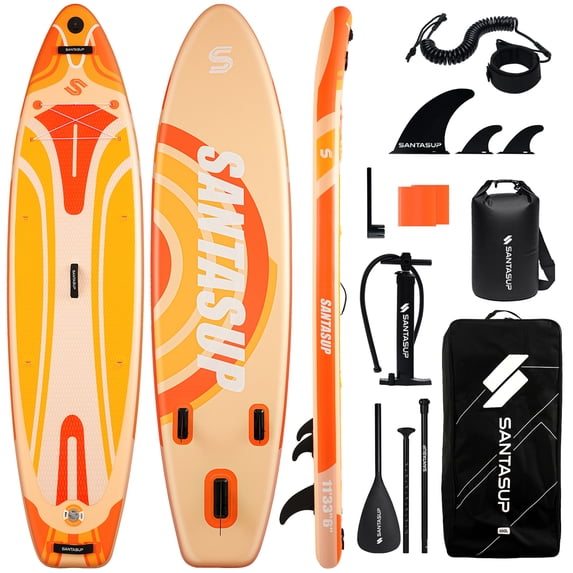 Santasup Inflatable Stand Up Paddle Board with SUP Accessories, Big Wide Anti-Slip EVA Deck, Waterproof Bag, Colorful Orange 11' Sup Boards for Adults & Youth of All Skill Levels