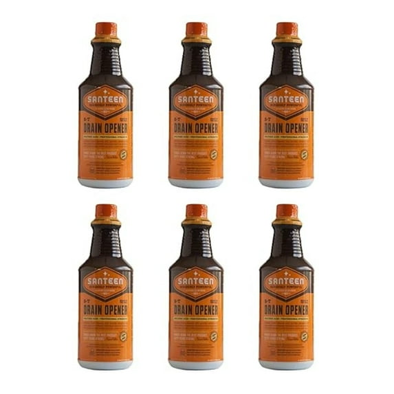 Santeen Drain Opener - 6 x 32oz Pro Strength Formula | Fast-Acting Drain Cleaner for Sink, Toilet, Shower & Septic Systems | Safe on PVC & Pipes | Virgin Sulfuric Acid